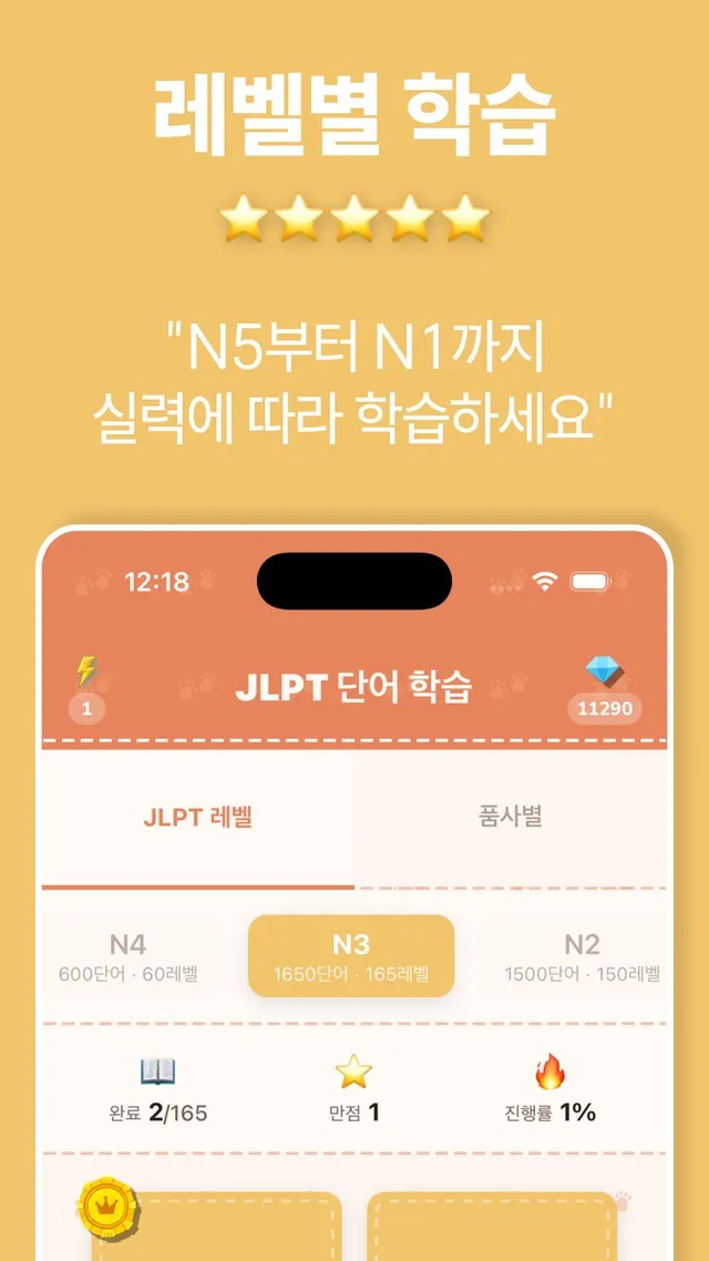 레벨별 학습: N5부터 N1까지 실력에 따라 학습하세요