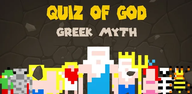 Quiz of God: Greek Myth title art with pixel-art gods and heroes