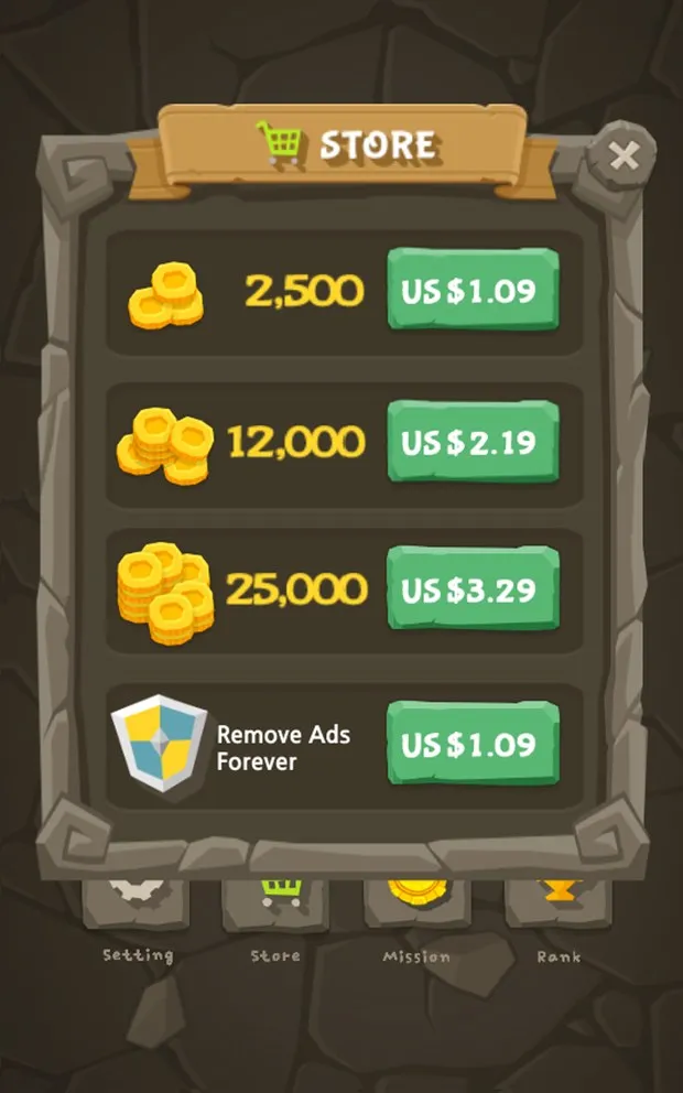 Store with coin packs and ad removal